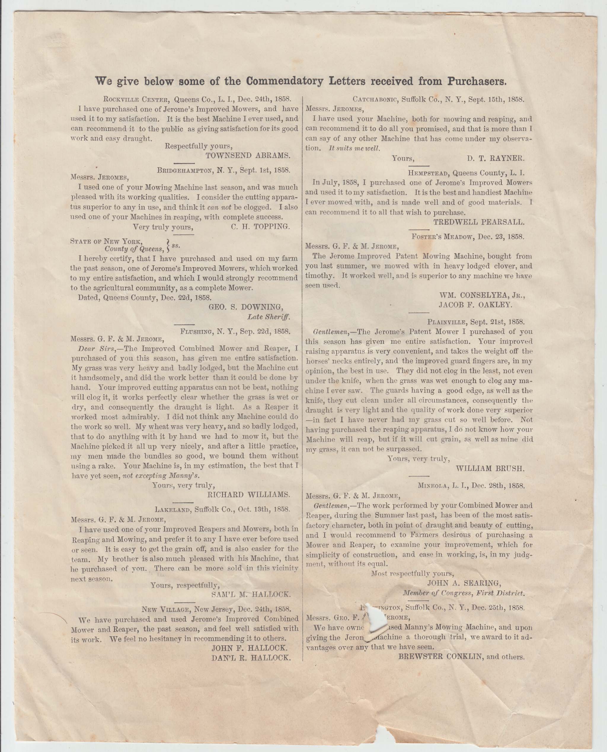 HBC002, 1859-01 Advertising Brochure for Jerome's Patent Mower Mfd by Homer Crandell & Co